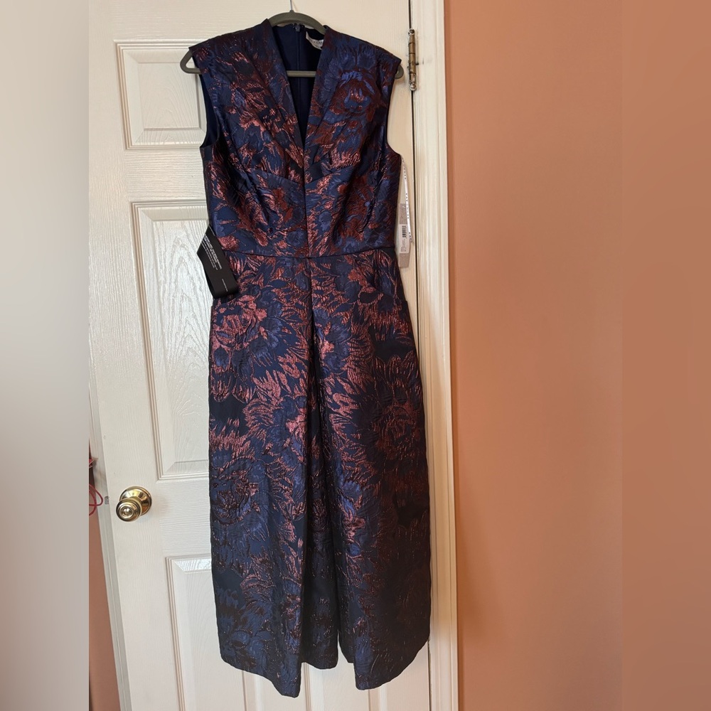 Kay Unger Blue and Copper Floral Midi Jumpsuit